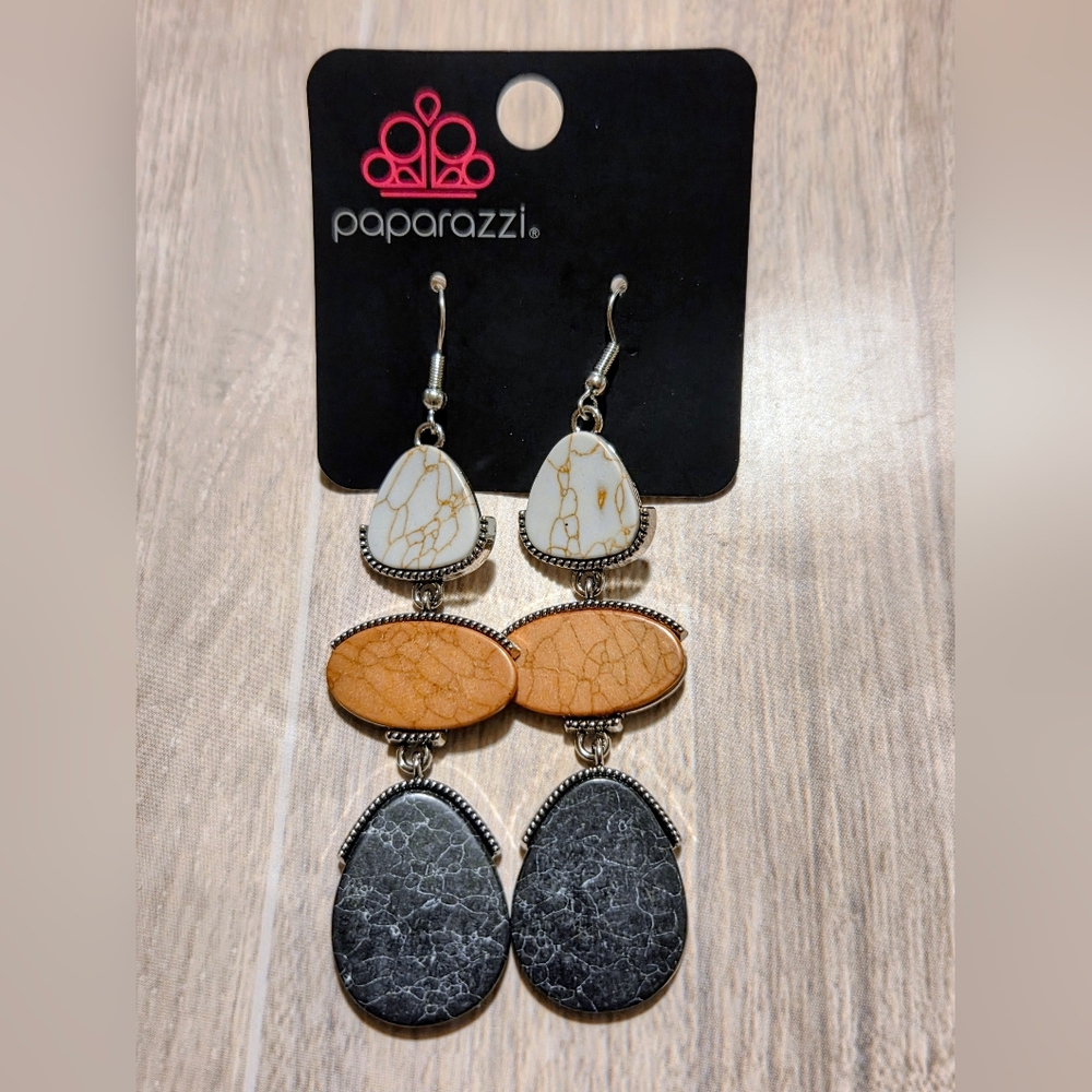 Paparazzi White Tan Black Stacked Teardrop Dangle Earrings